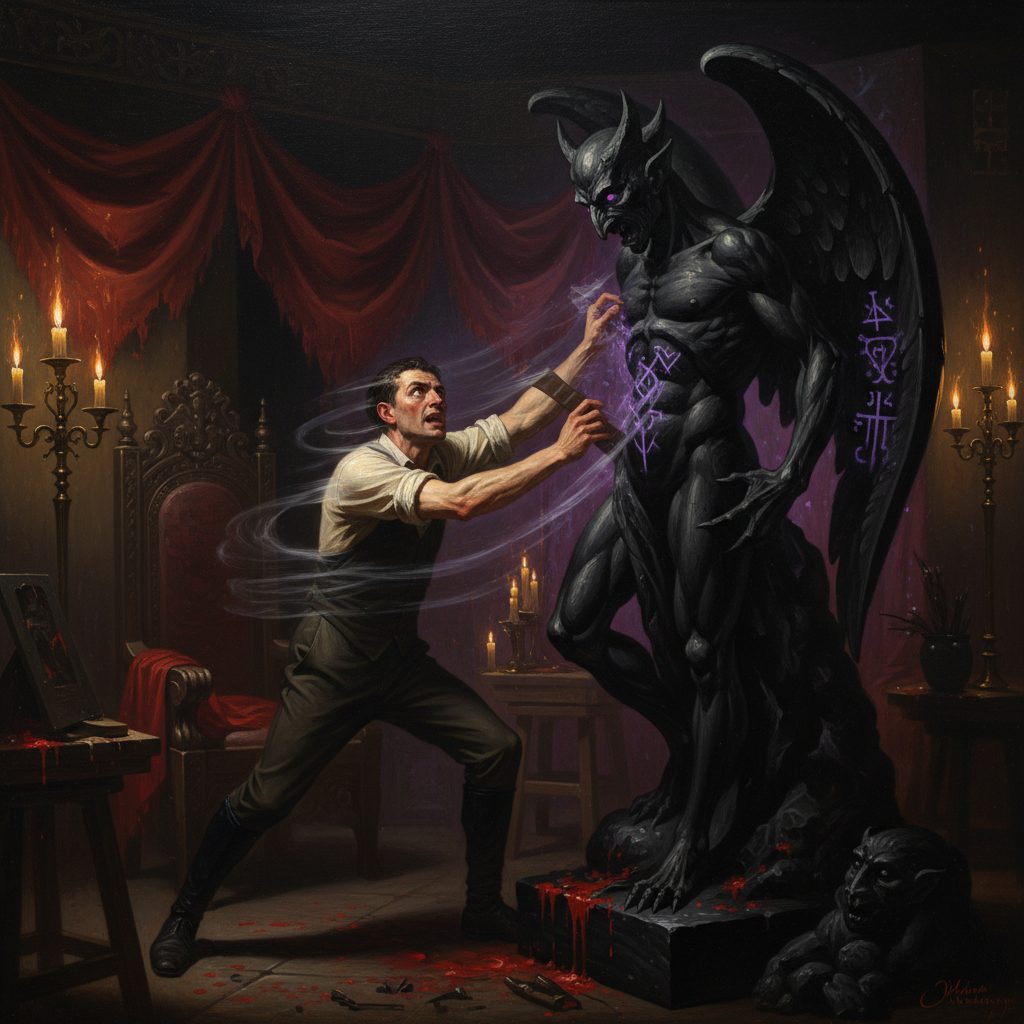 Nikolaj lavora senza sosta sulla statua con velocita soprannaturale. Le sue mani consumate si muovono a una rapidita impossibile, la superficie rivela sfumature violacee.