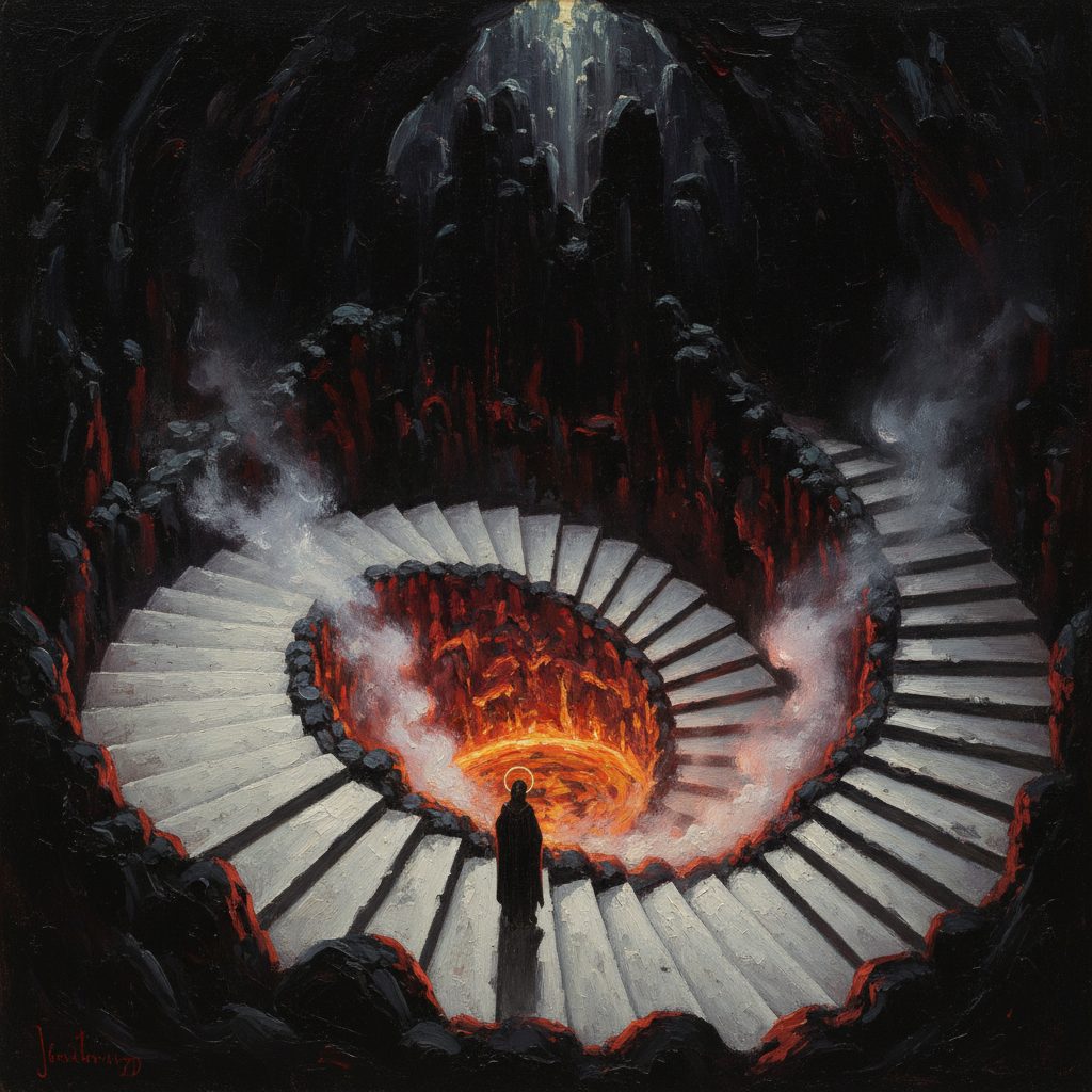 Alex scende una spirale di roccia bianca di 20 metri nell'immensa caverna lavica. Il calore arancione sale dal basso. La scala a spirale e vertiginosa.