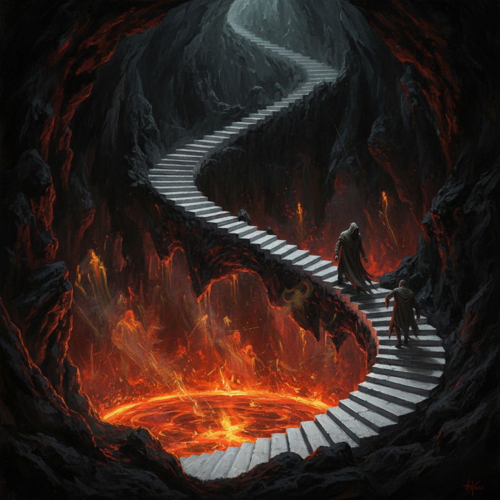 Scala a spirale di pietra bianca verso caverna magmatica, bagliore rosso lava